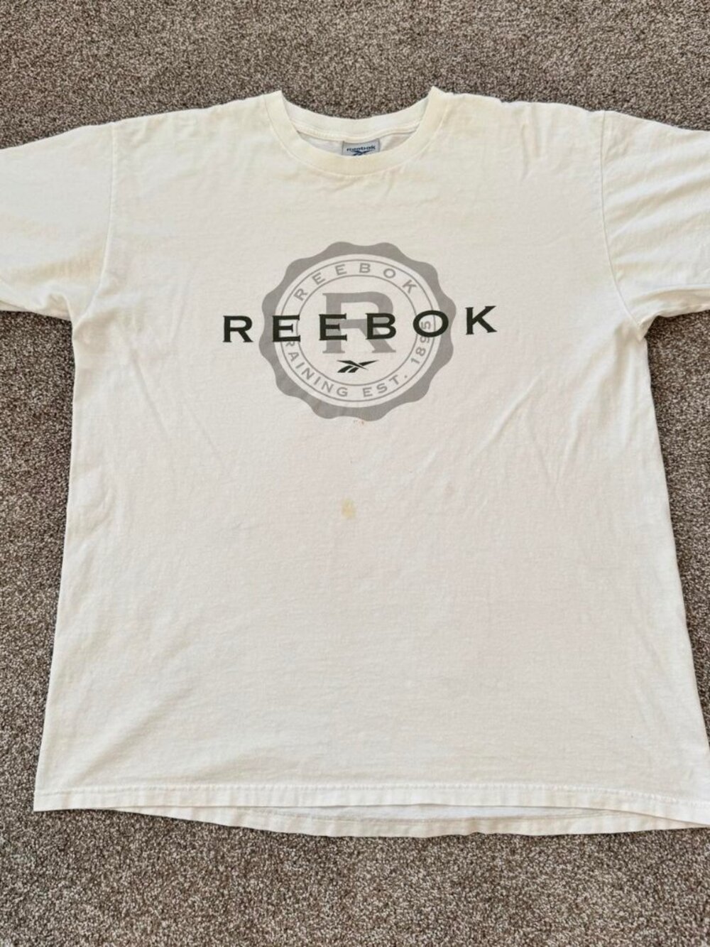 Vintage Reebok White Cotton Graphic T-Shirt with Black Logo Men's XL